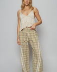 POL Lace Trim Drawstring Checkered Wide Leg Pants