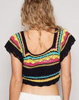 POL Openwork Ethnic Pattern Square Neck Cropped Knit Top