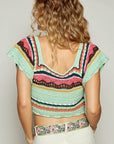 POL Openwork Ethnic Pattern Square Neck Cropped Knit Top