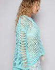 POL Side Slit Openwork Long Sleeve Knit Cover Up