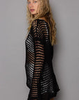 POL Side Slit Openwork Long Sleeve Knit Cover Up