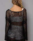 POL Side Slit Openwork Long Sleeve Knit Cover Up