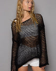 POL Side Slit Openwork Long Sleeve Knit Cover Up