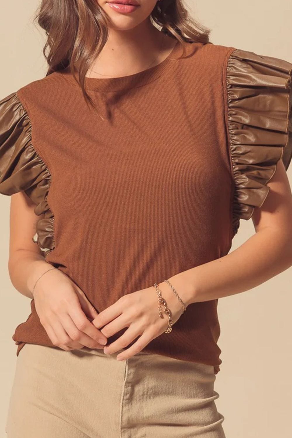 Ruffled Round Neck Cap Sleeve Blouse