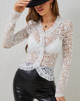 Ruffled V-Neck Long Sleeve Lace Top