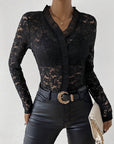 Ruffled V-Neck Long Sleeve Lace Top