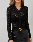 Ruffled V-Neck Long Sleeve Lace Top