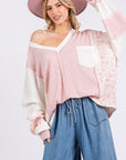 SAGE + FIG Floral Long Sleeve V-Neck Waffle Knit Top