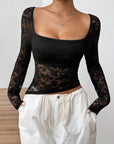 Square Neck Long Sleeve Lace Top