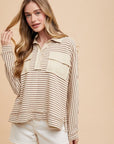 Annie Wear Striped Button Detail Long Sleeve Polo Top