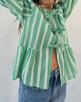 Tied Round Neck Balloon Sleeve Shirt