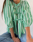 Tied Round Neck Balloon Sleeve Shirt