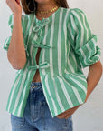 Tied Round Neck Balloon Sleeve Shirt