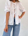 Tied Round Neck Balloon Sleeve Shirt