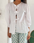 Tied Round Neck Balloon Sleeve Shirt