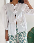 Tied Round Neck Balloon Sleeve Shirt