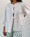 Tied Round Neck Balloon Sleeve Shirt