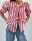 Tied Round Neck Balloon Sleeve Shirt