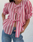 Tied Round Neck Balloon Sleeve Shirt