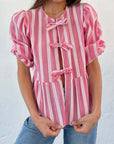 Tied Round Neck Balloon Sleeve Shirt