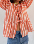 Tied Round Neck Balloon Sleeve Shirt