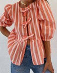 Tied Round Neck Balloon Sleeve Shirt