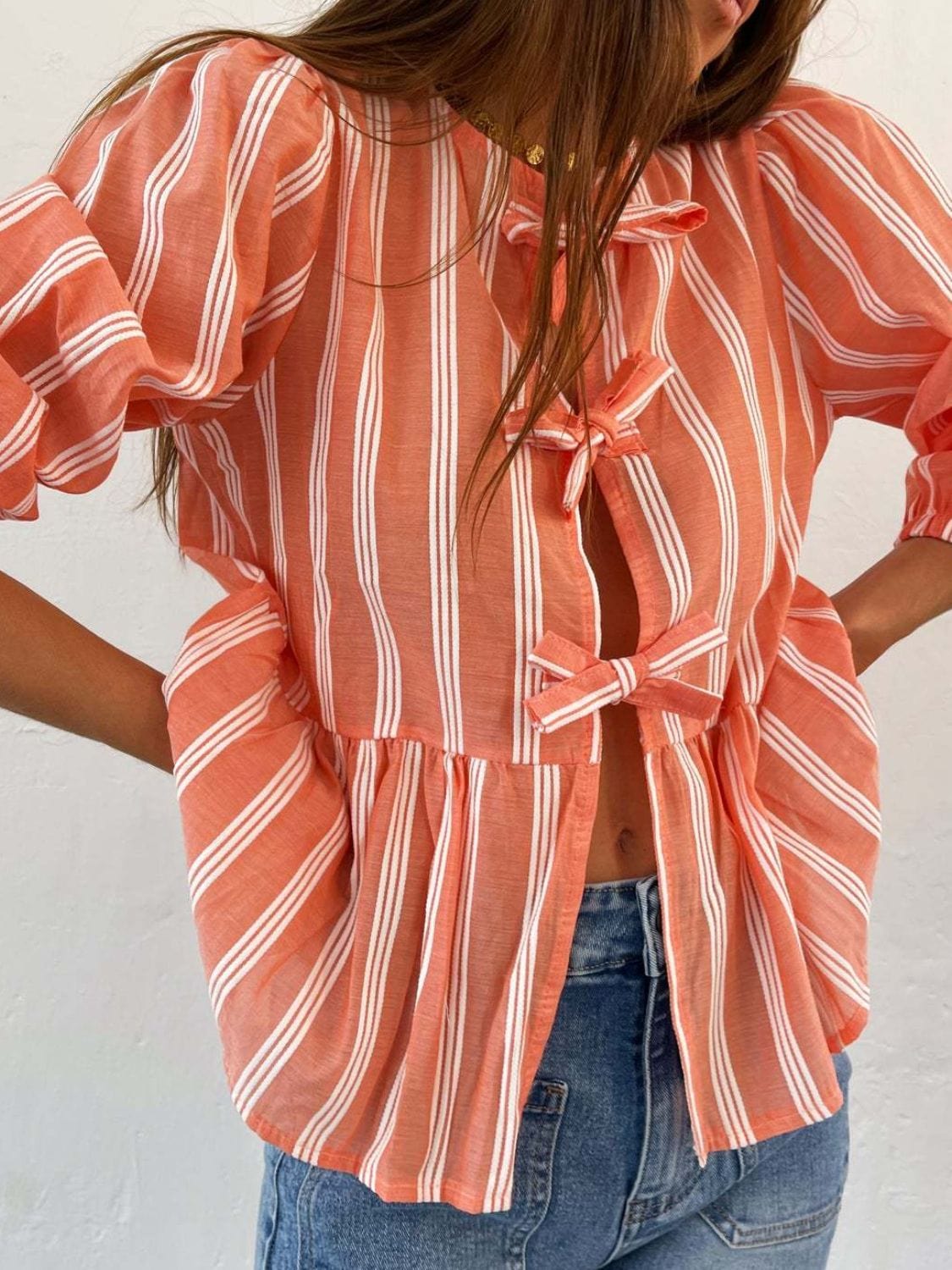 Tied Round Neck Balloon Sleeve Shirt