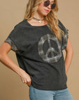 Umgee Peace Applique Round Neck French Terry Top