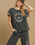 Umgee Peace Applique Round Neck French Terry Top