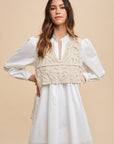 Annie Wear Crochet Vest Notched Long Sleeve Shirt Dress