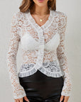 Ruffled V-Neck Long Sleeve Lace Top