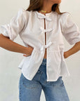 Tied Round Neck Balloon Sleeve Shirt