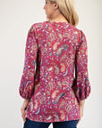 Celeste Full Size Paisley Round Neck Balloon Sleeve Top