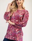 Celeste Full Size Paisley Round Neck Balloon Sleeve Top