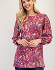 Celeste Full Size Paisley Round Neck Balloon Sleeve Top