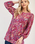 Celeste Full Size Paisley Round Neck Balloon Sleeve Top