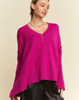 Davi & Dani Ribbed Side Slit V-Neck Sweater