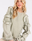 Mittoshop Ruffled Mineral Washed Round Neck Long Sleeve Sweatshirt