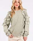 Mittoshop Ruffled Mineral Washed Round Neck Long Sleeve Sweatshirt