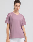 Light Gray Round Neck Short Sleeve Active Top Sentient Beauty Fashions Apparel & Accessories