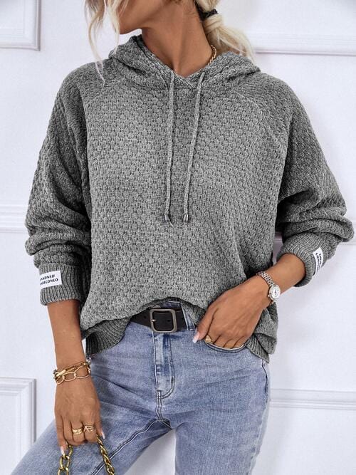 Gray Texture Drawstring Long Sleeve Hooded Sweater