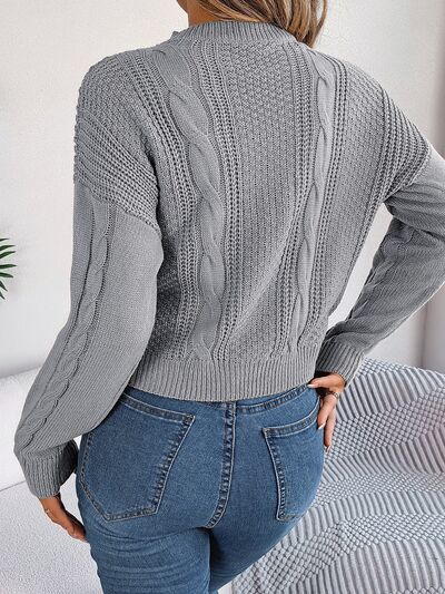 Light Slate Gray Cable-Knit Buttoned Round Neck Sweater Sentient Beauty Fashions Apparel & Accessories