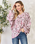 Light Gray Heimish Full Size Floral V-Neck Balloon Sleeve Blouse Sentient Beauty Fashions Apparel & Accessories