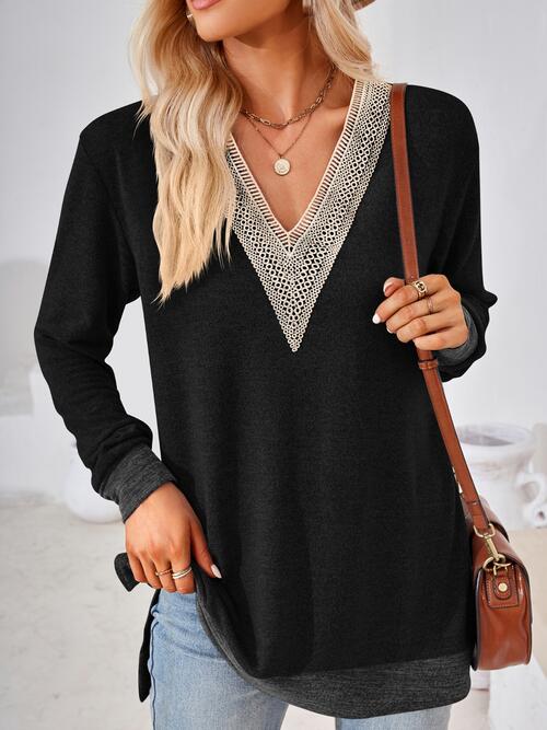 Black Crochet Contrast V-Neck Long Sleeve Slit T-Shirt