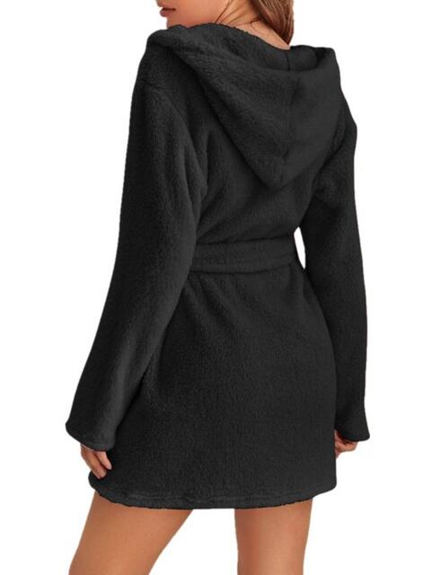 Black Tie Waist Hooded Robe Sentient Beauty Fashions Apparel & Accessories