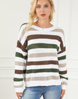 Antique White Striped Openwork Dropped Shoulder Sweater