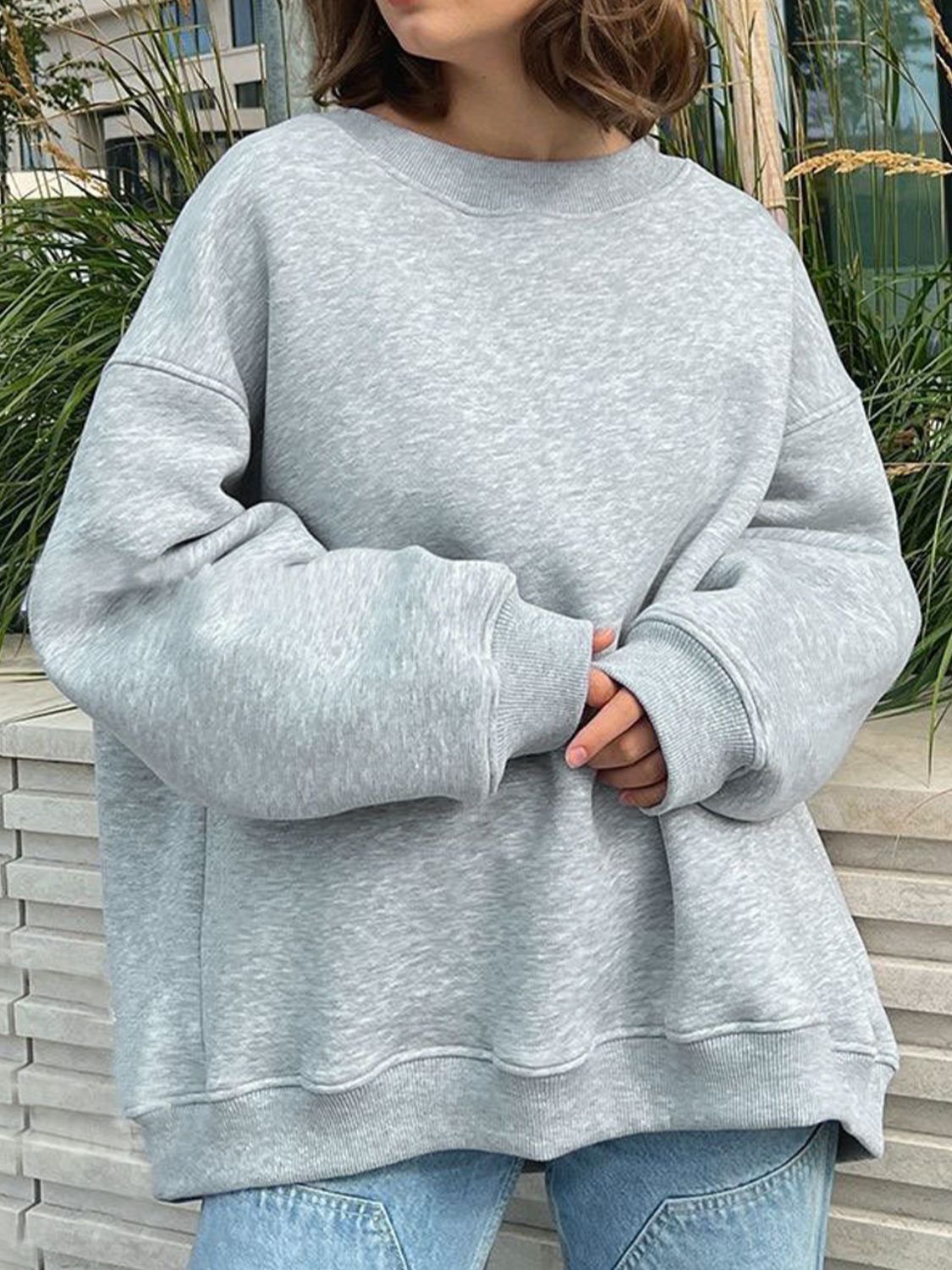 Gray Oversize Round Neck Dropped Shoulder Sweatshirt Sentient Beauty Fashions Apparel &amp; Accessories