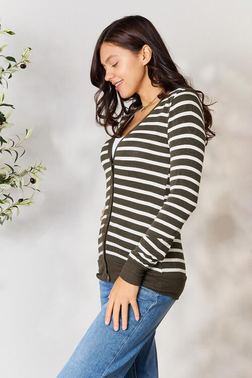 Light Gray Zenana Full Size Striped Snap Down Cardigan Sentient Beauty Fashions Apparel & Accessories
