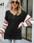 Gray Color Block V-Neck Dropped Shoulder Sweater Sentient Beauty Fashions Apparel & Accessories