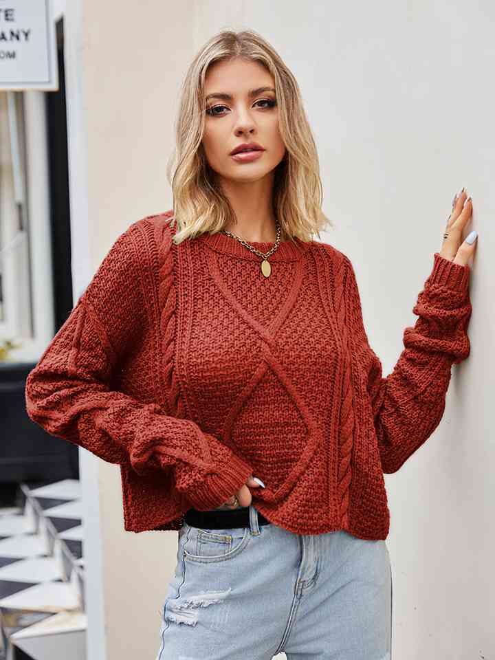 Gray Cable-Knit Round Neck Dropped Shoulder Sweater Sentient Beauty Fashions Apparel & Accessories
